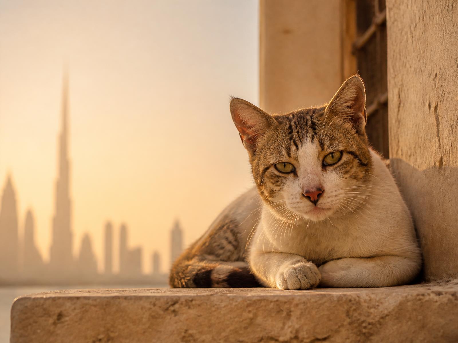 A rescued Dubai street cat resting on a warm stone ledge at sunset